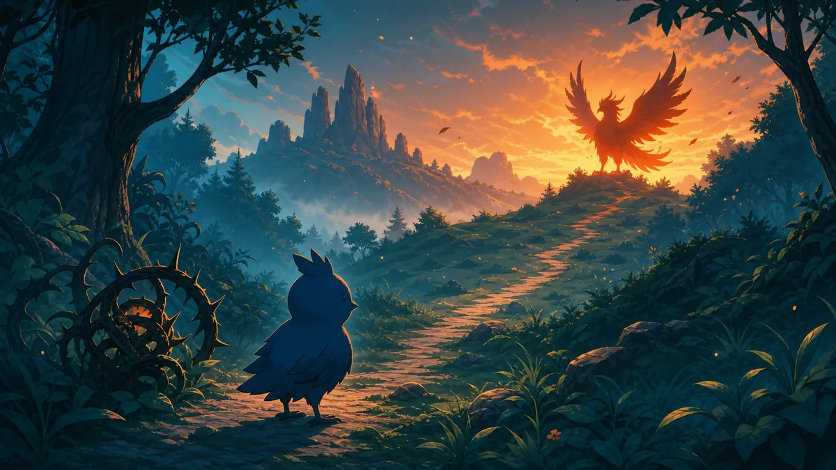Concept illustration of a blue bird following a forest route toward a fiery evolved silhouette