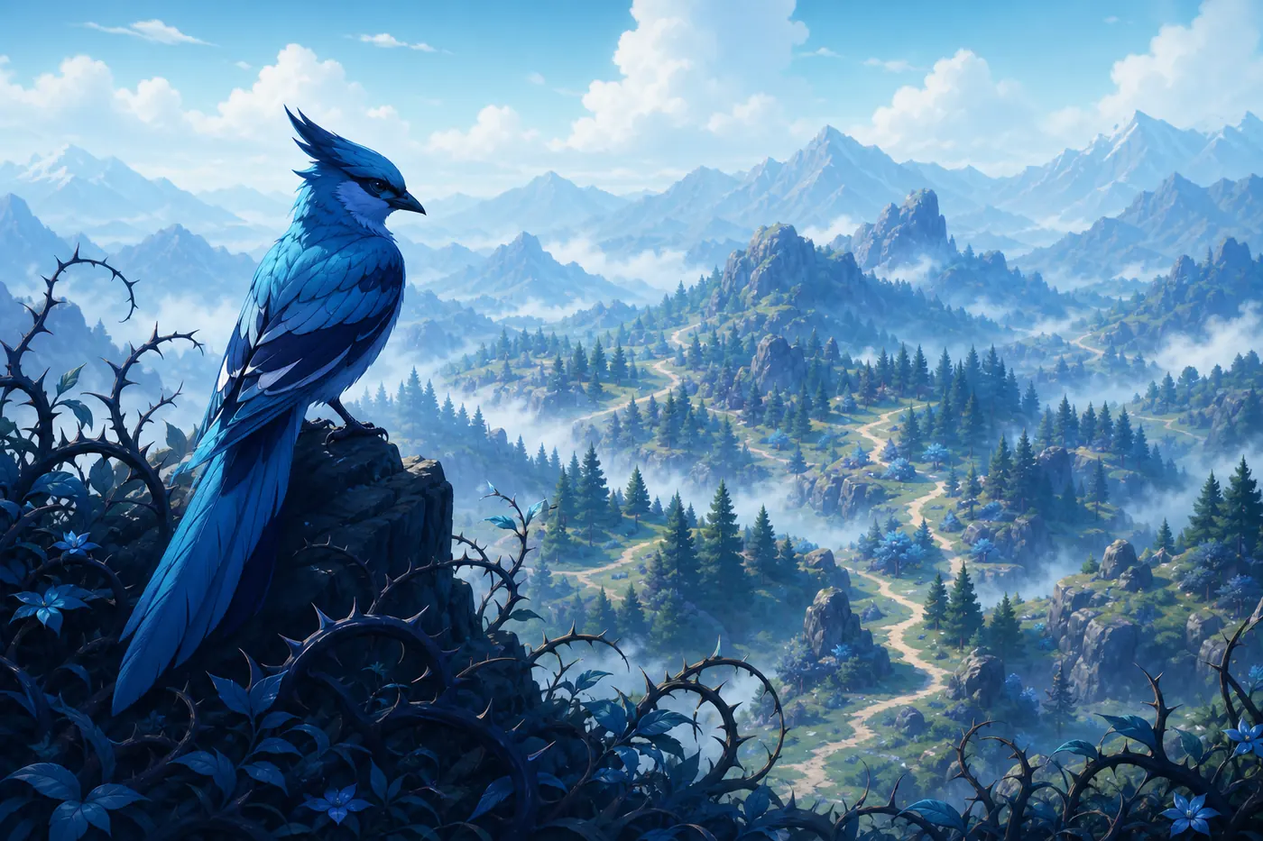 Editorial illustration of a blue bird above a mountain route for the Evomon Bluebird guide