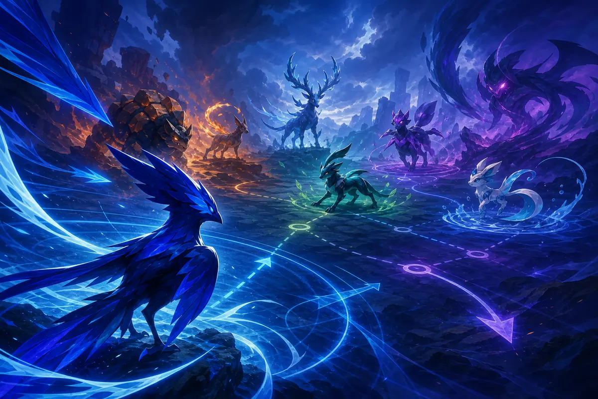 Concept illustration of a blue avian creature in a team battle planning scene