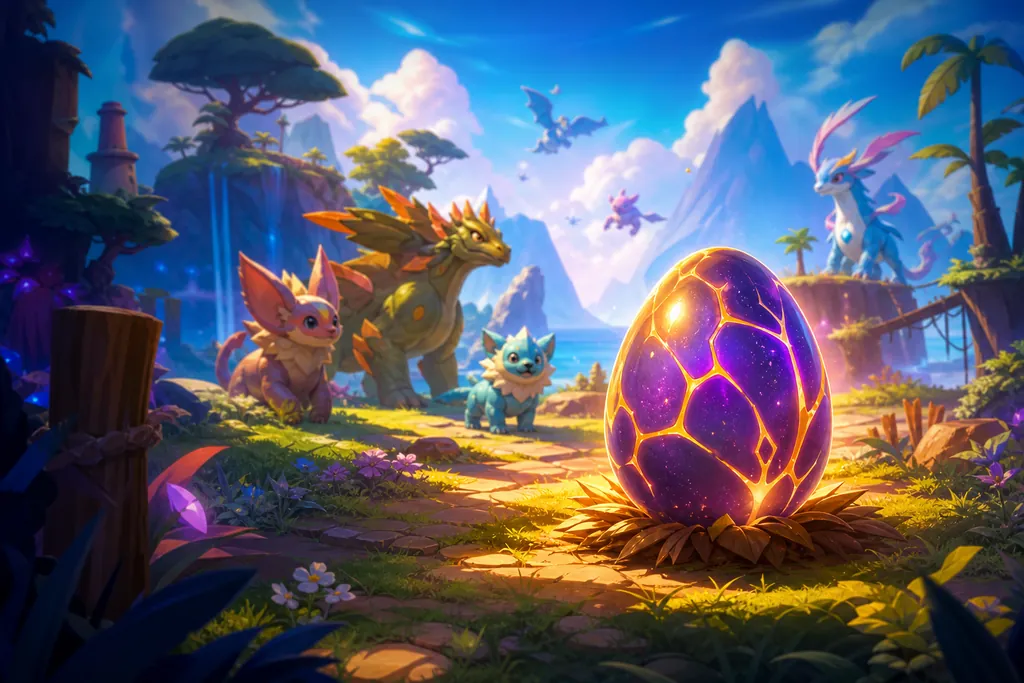 Editorial concept illustration of a glowing creature egg on an Evomon-style island path