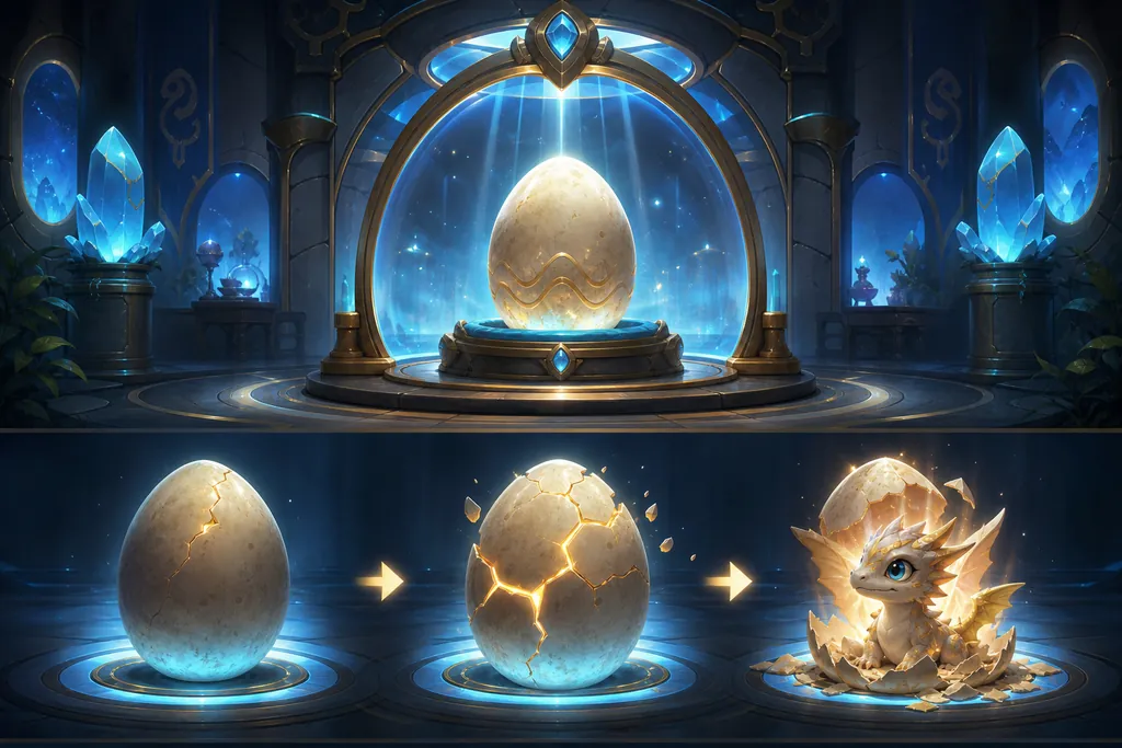 Editorial concept showing an egg inside a magical hatching chamber and its hatch progression