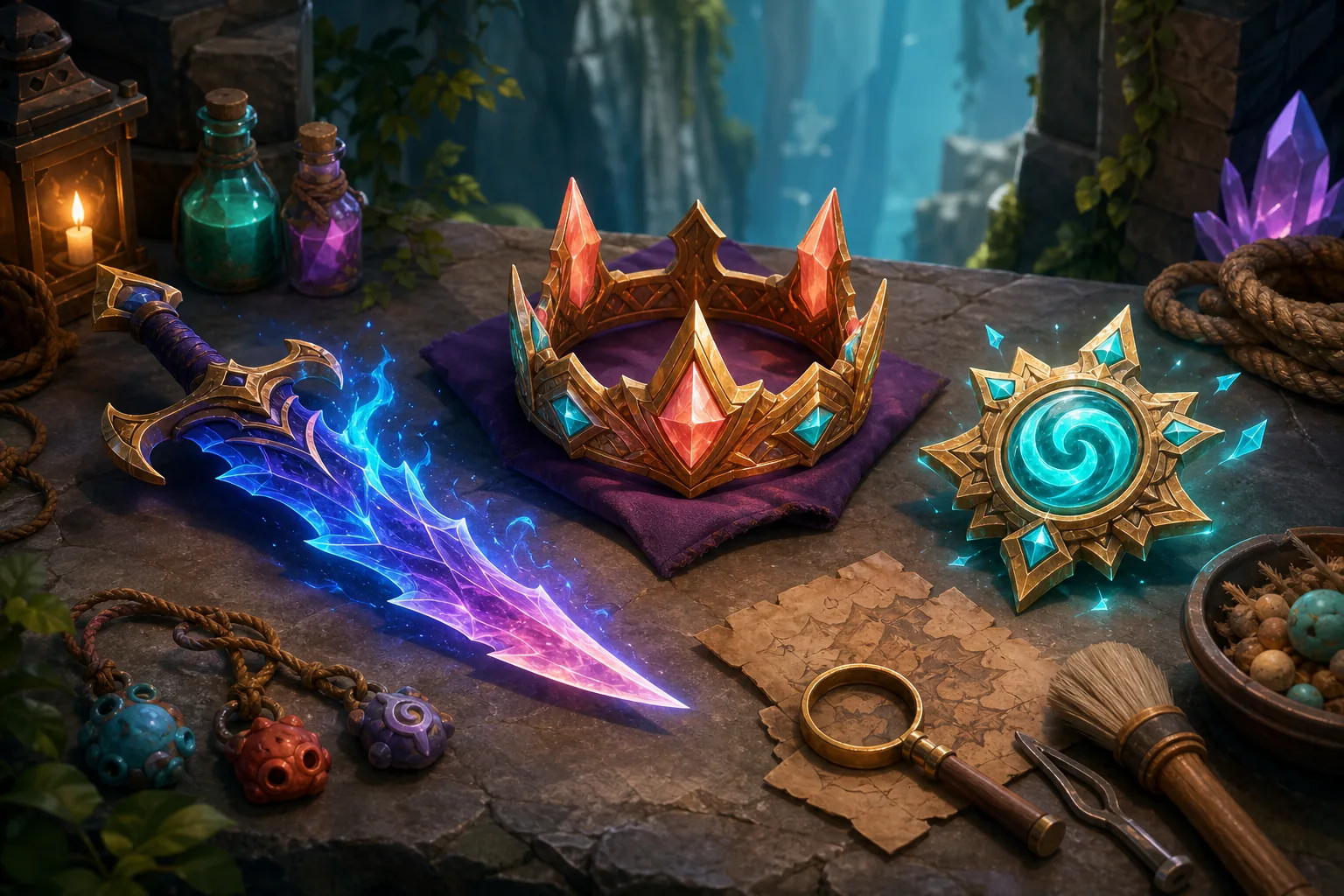 Editorial illustration of fantasy equipment for an Evomon equipment guide
