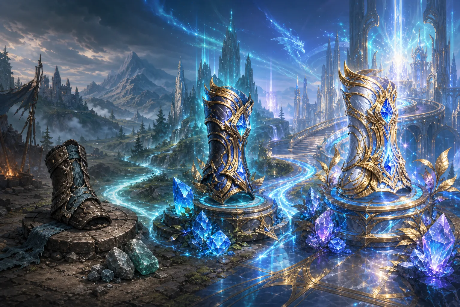 Editorial concept illustration showing equipment progressing from basic to refined legendary gear