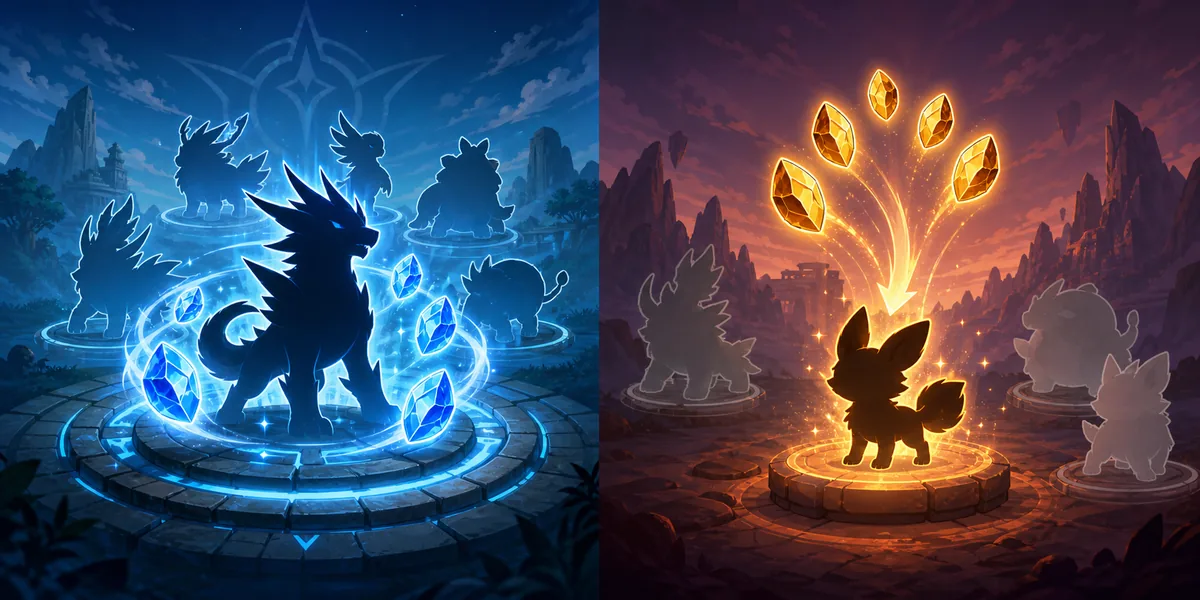 Evomon evolution resource priority illustration for Dex planning