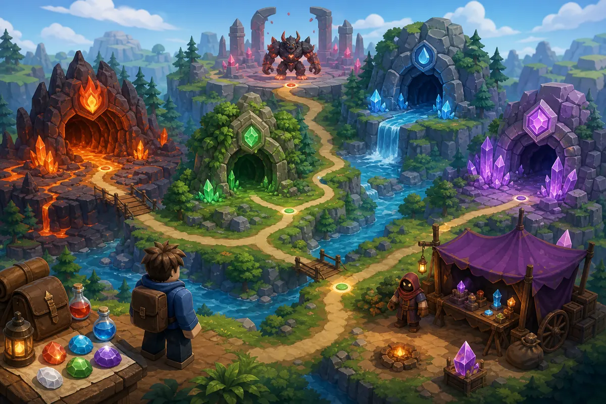 Illustrative Evolution Stones farming route graphic for Evomon, not an official screenshot