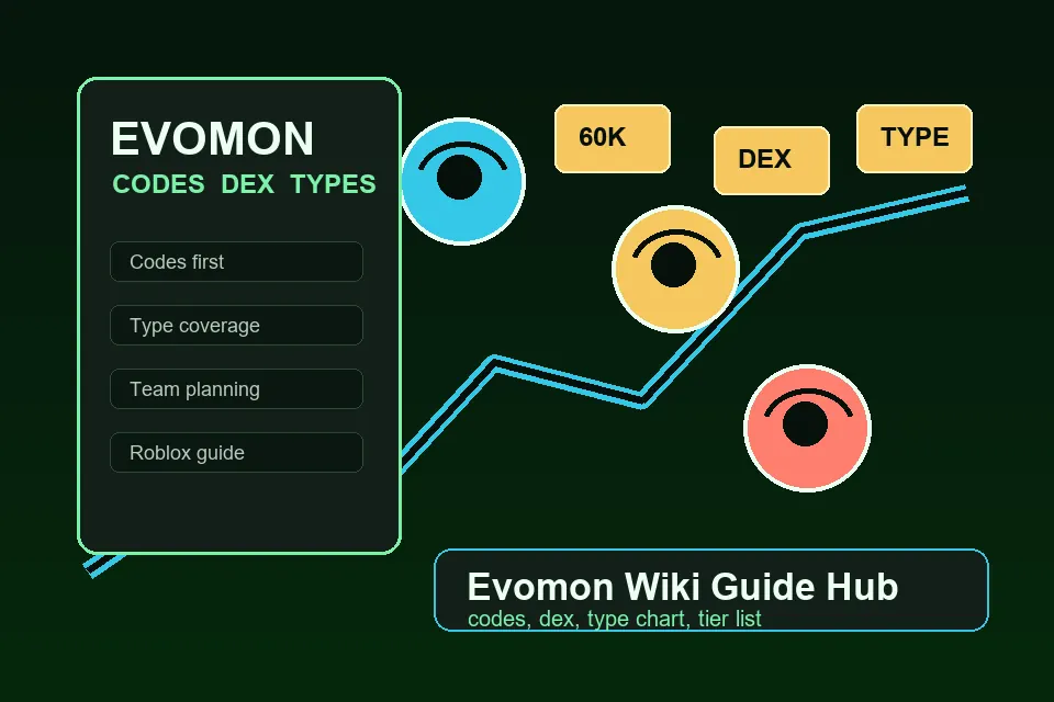 Evomon guide planning visual showing codes, Dex notes, type coverage, and team planning concepts