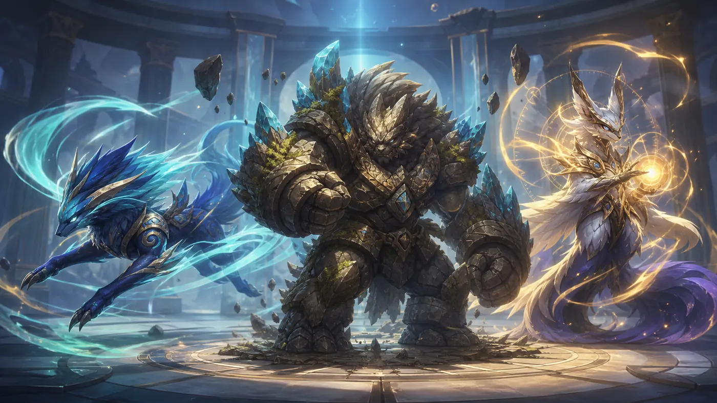 Editorial illustration of fast, defensive, and special-attacking fantasy creatures representing Evomon nature roles
