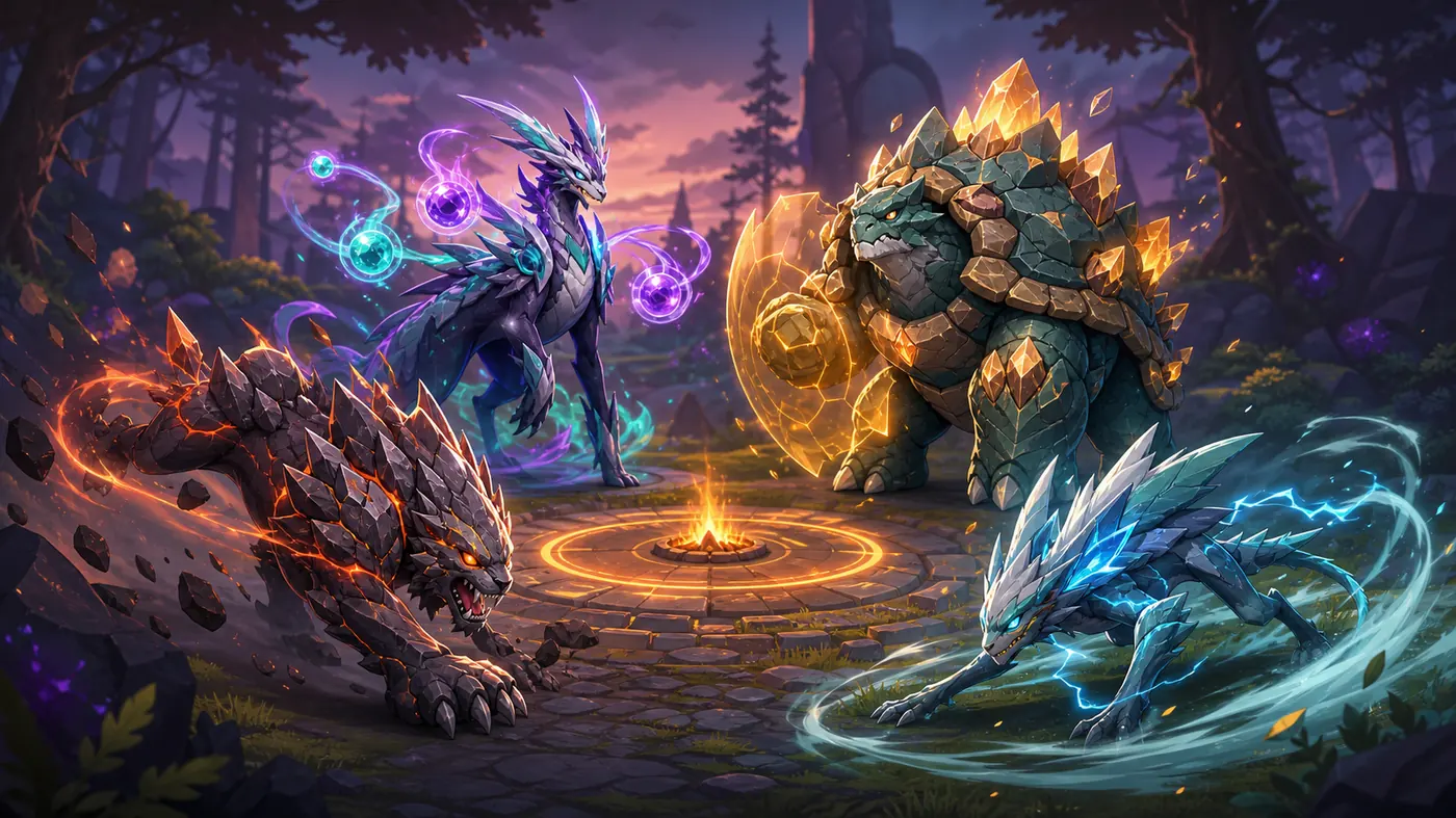 Editorial illustration of four fantasy creatures representing attacker, special attacker, defender, and speed roles