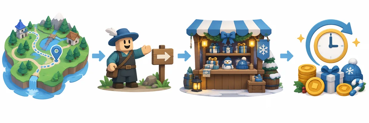 Editorial illustration showing a current game route leading from a map and NPC to a seasonal market and a stock timer