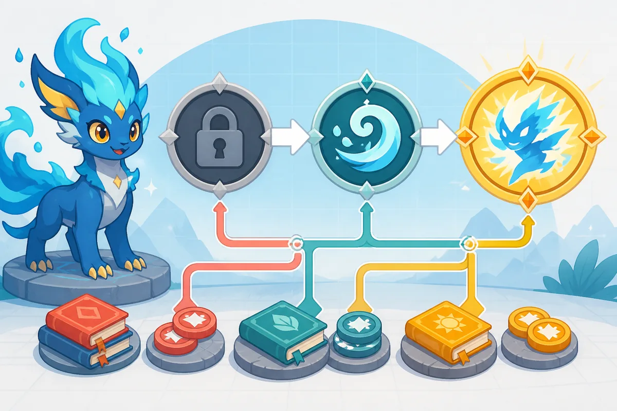 Editorial concept illustration of an Evomon moving from a locked skill to a learned skill and an ultimate ability