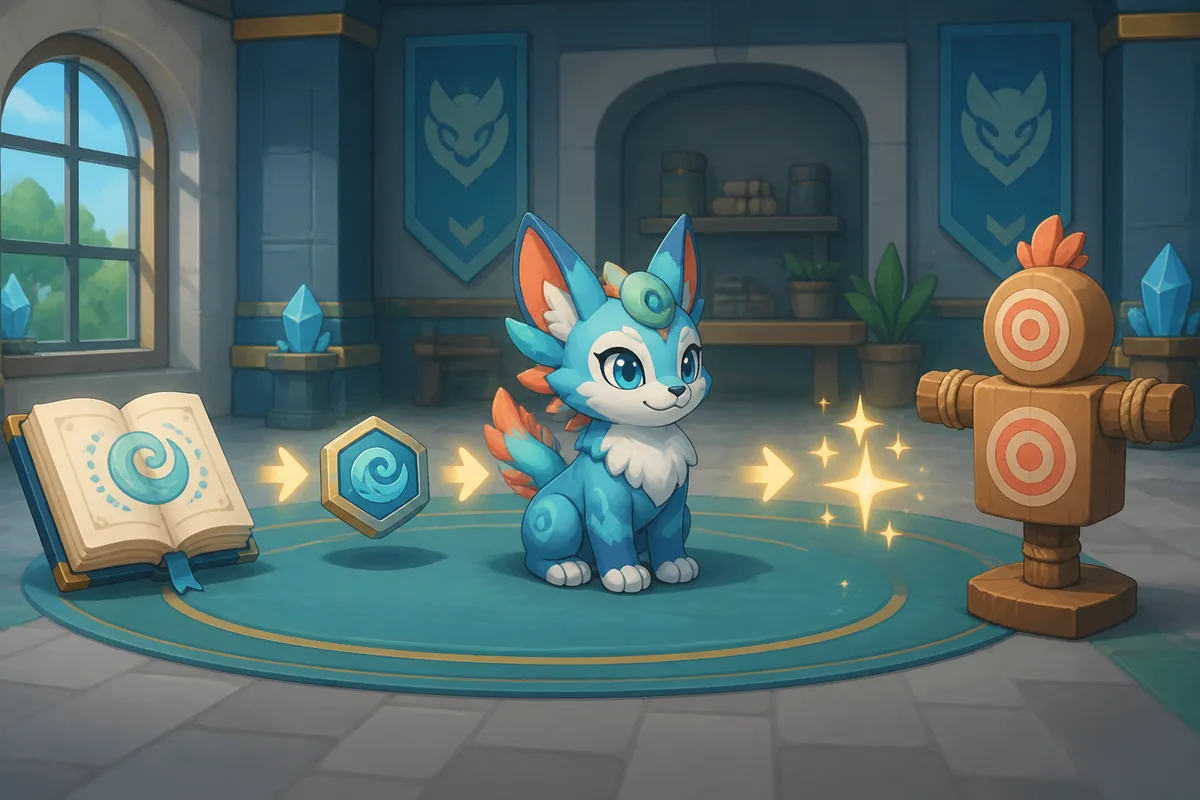 Editorial concept showing a creature, skill book, training token, confirmation spark, and practice target in sequence