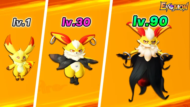 Official Evomon artwork showing one creature at levels 1, 30, and 90