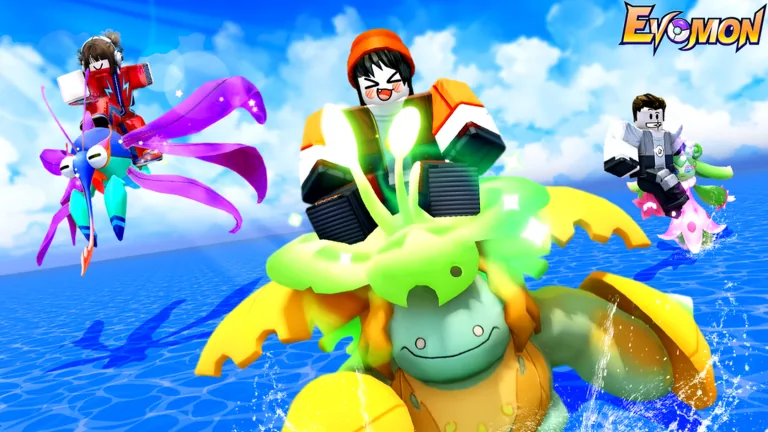 Official Roblox Evomon artwork showing players riding colorful creatures over the ocean