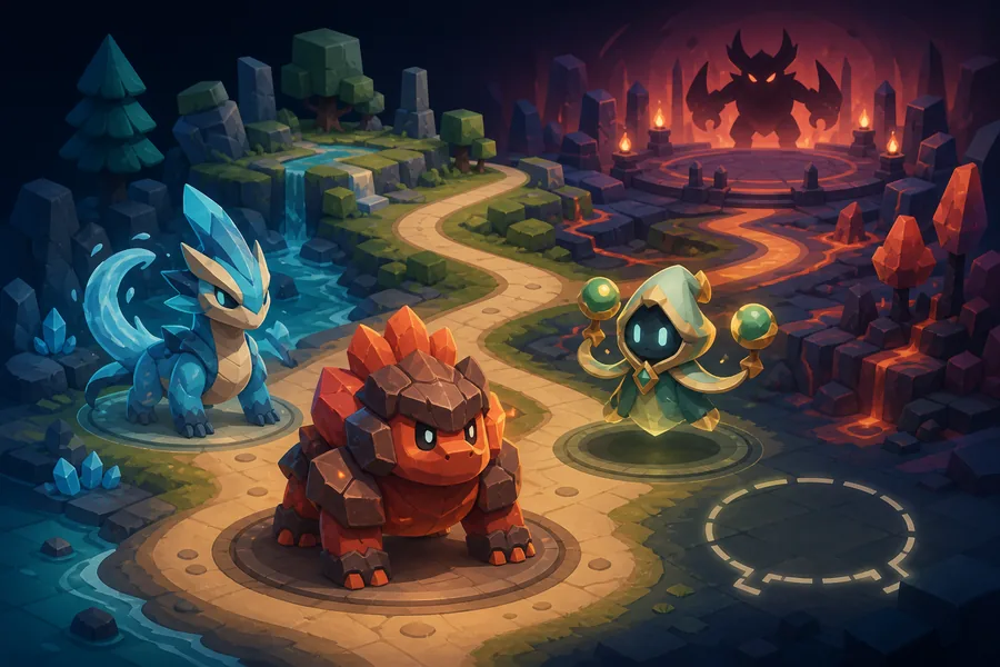 Illustrated Evomon team-building route from starter choice and type coverage to boss preparation