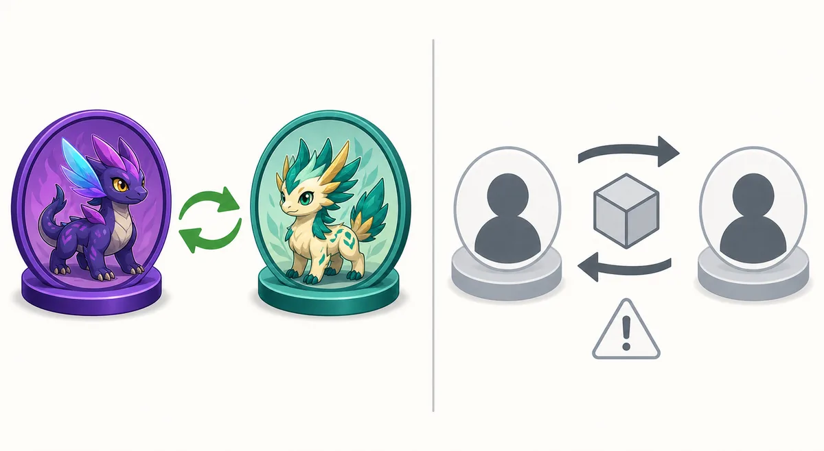 Editorial illustration separating a live trade feature, a future request, and a third-party Trading Hall clue