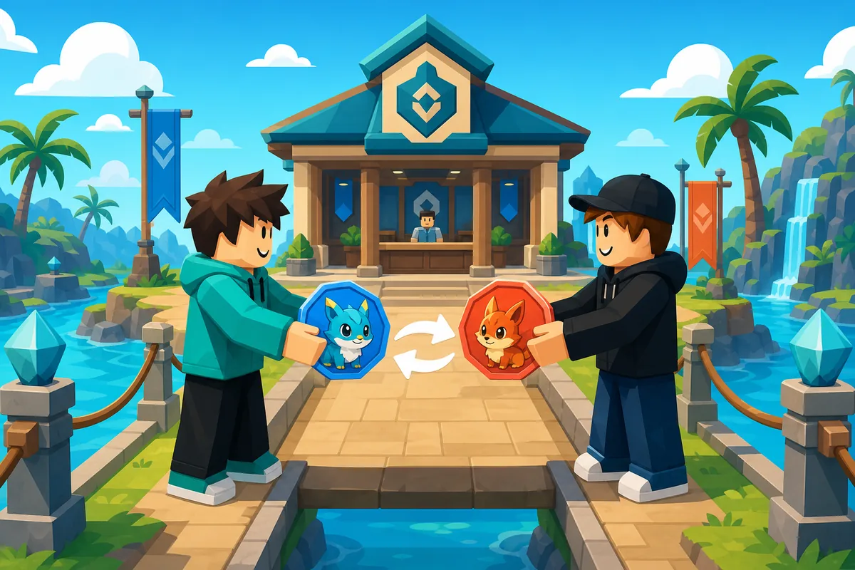 Editorial concept illustration of two Evomon-style creatures comparing a possible trade across a glowing exchange path