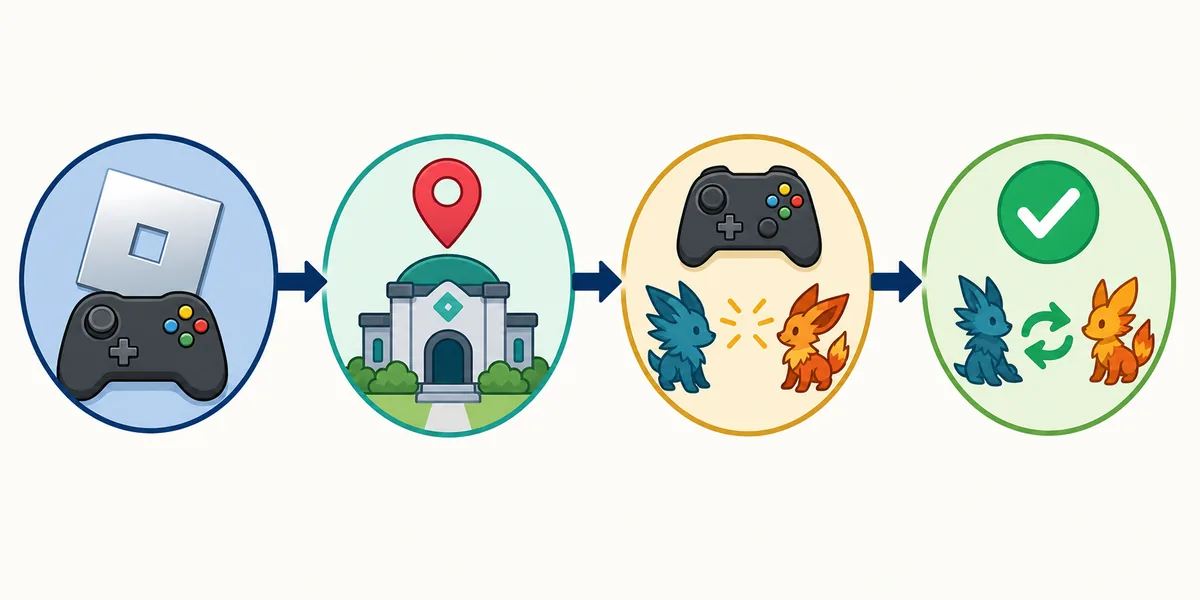 Editorial checklist illustration showing official game access, visible trade flow, item preview, and final confirmation