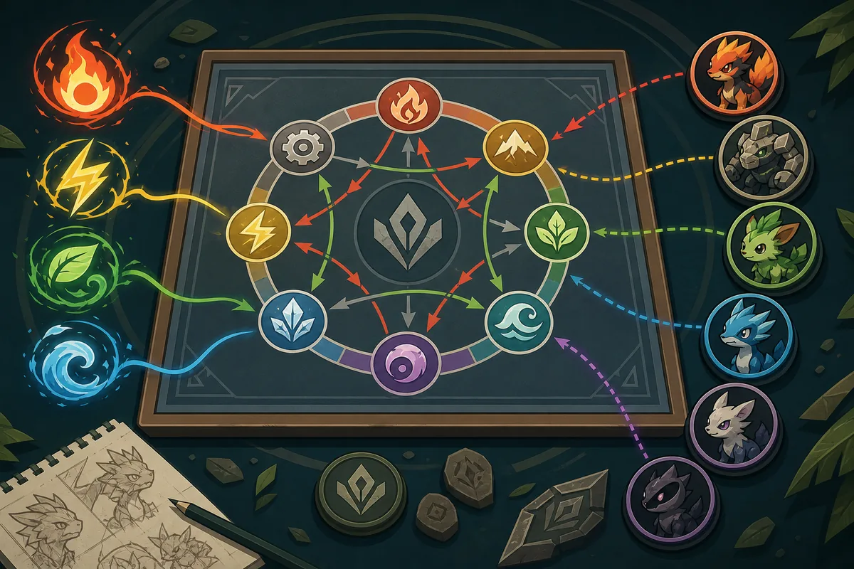 Editorial Evomon type chart coverage illustration with elemental icons and team planning arrows
