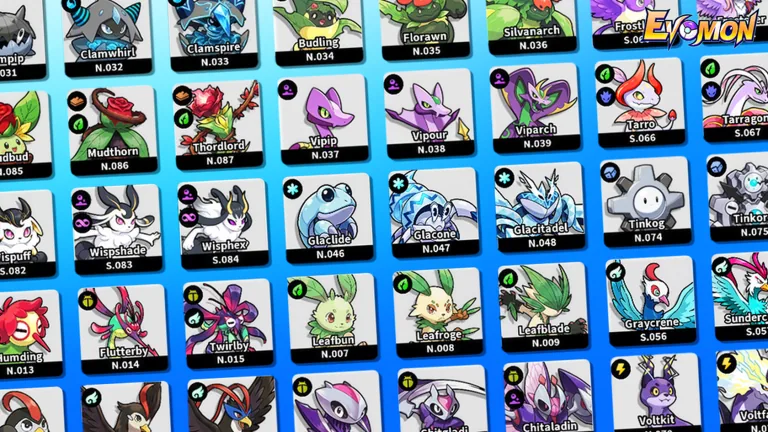 Official Evomon Dex artwork with multiple creature entries